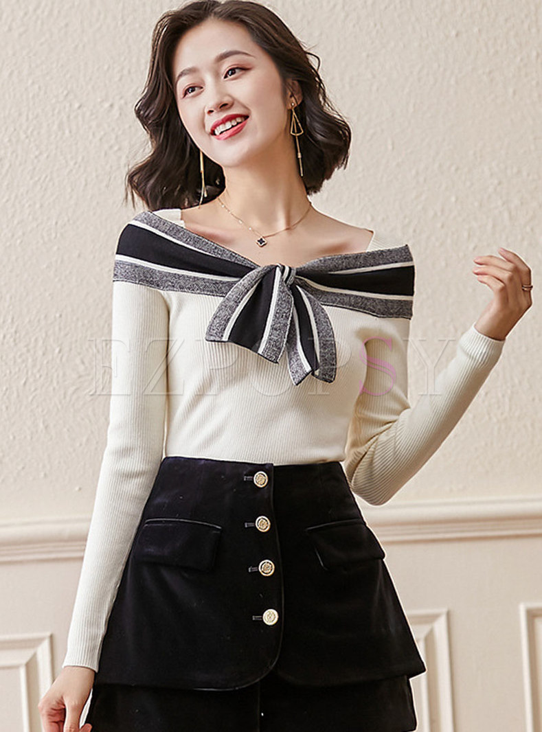 Off-the-shoulder Bowknot Pullover Sweater
