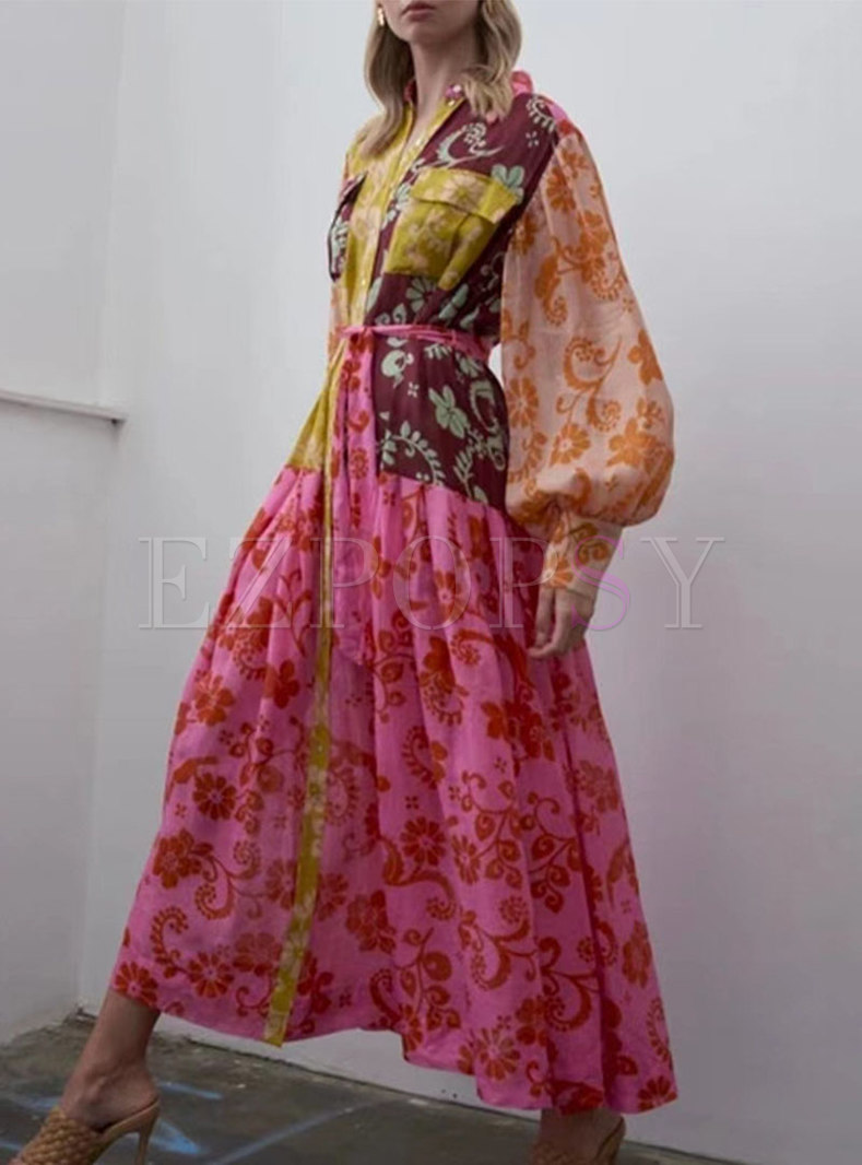 Floral Lantern Sleeve Color-blocked Long Party Dress