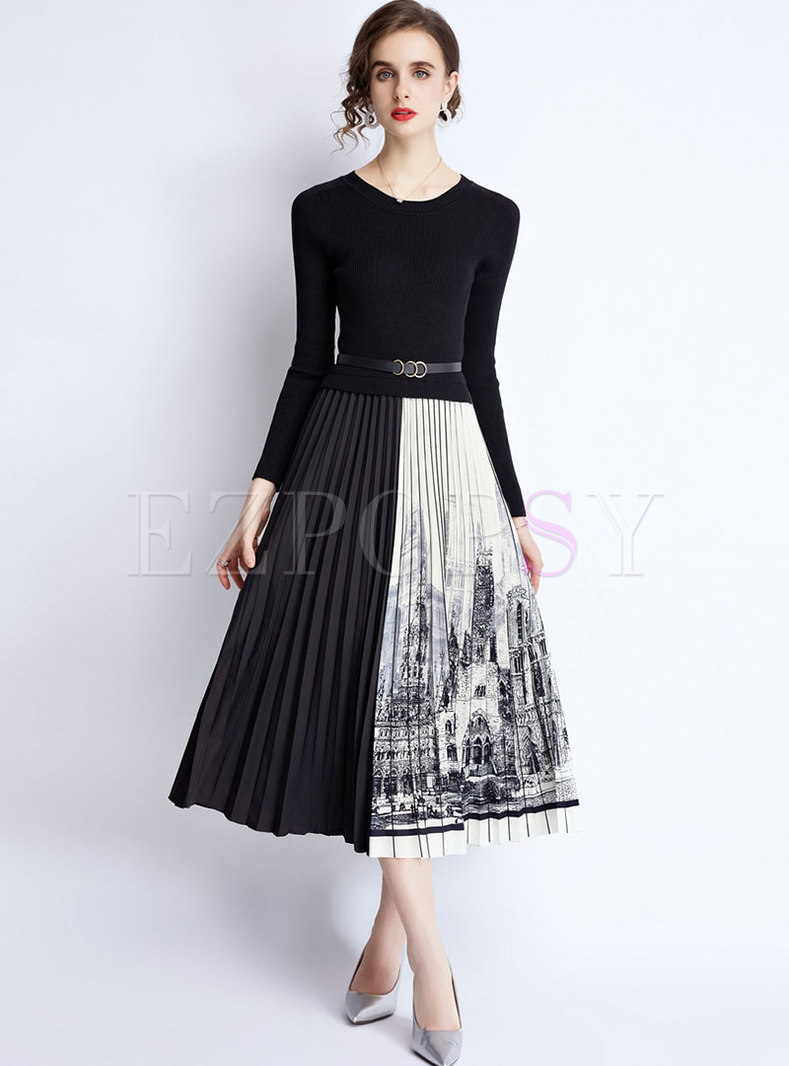 Crew Neck Sweater Patchwork Pleated Long Dress