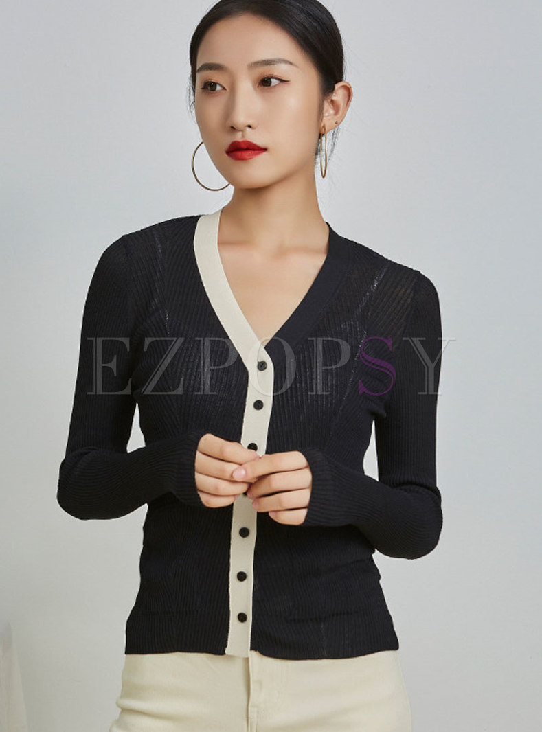 V-neck Color Blocked Thin Cardgian