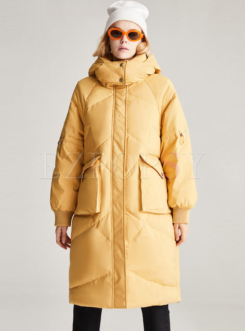 Mock Neck Hooded Straight Thick Down Coat