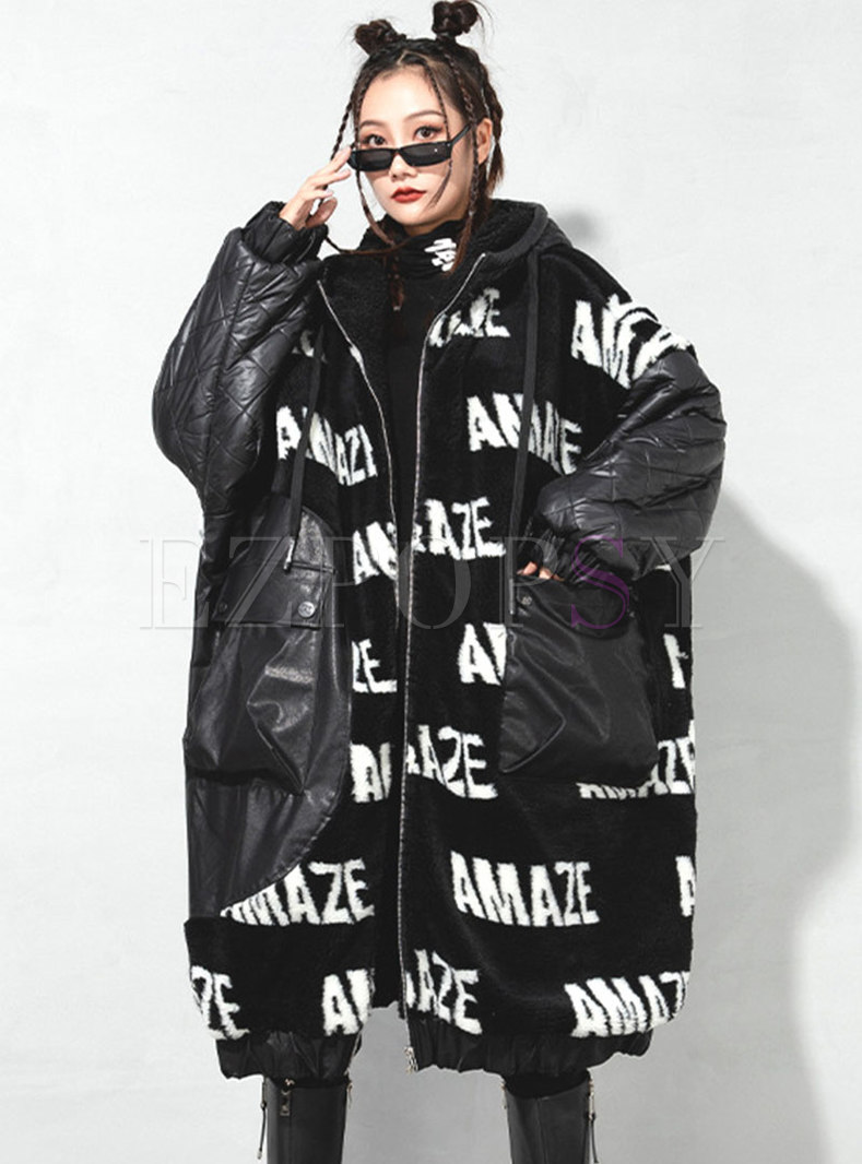 Letter Print Hooded Plus Size Cotton-padded Coat