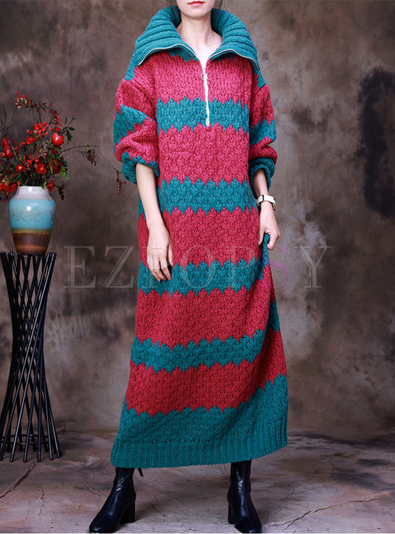Long Sleeve Striped Patchwork Shift Sweater Dress