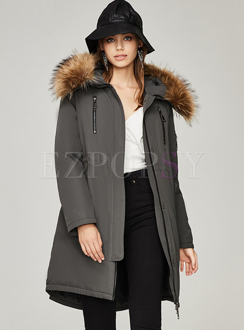 Fur Collar Hooded Mid-length Down Coat