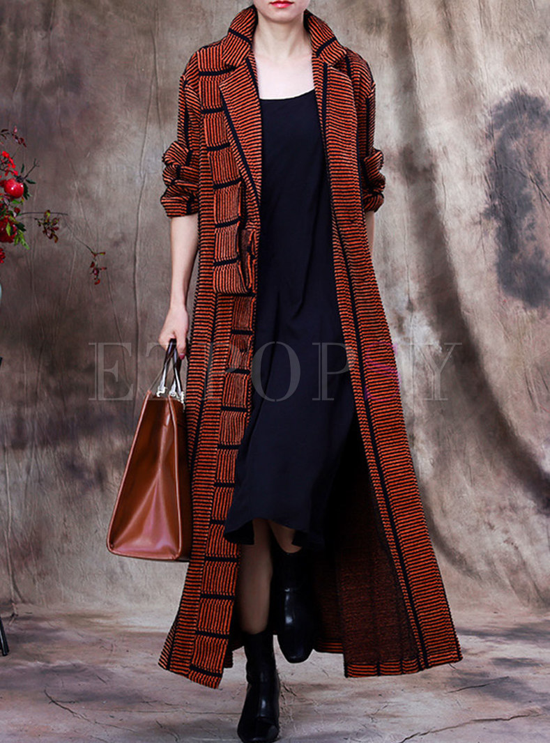 Plus Size Striped Single-breasted Long Trench Coat