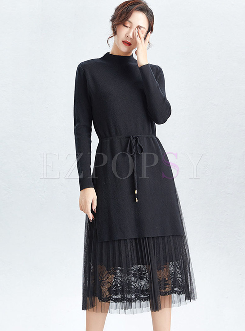 Long Sleeve Sweater Patchwork Lace Midi Dress