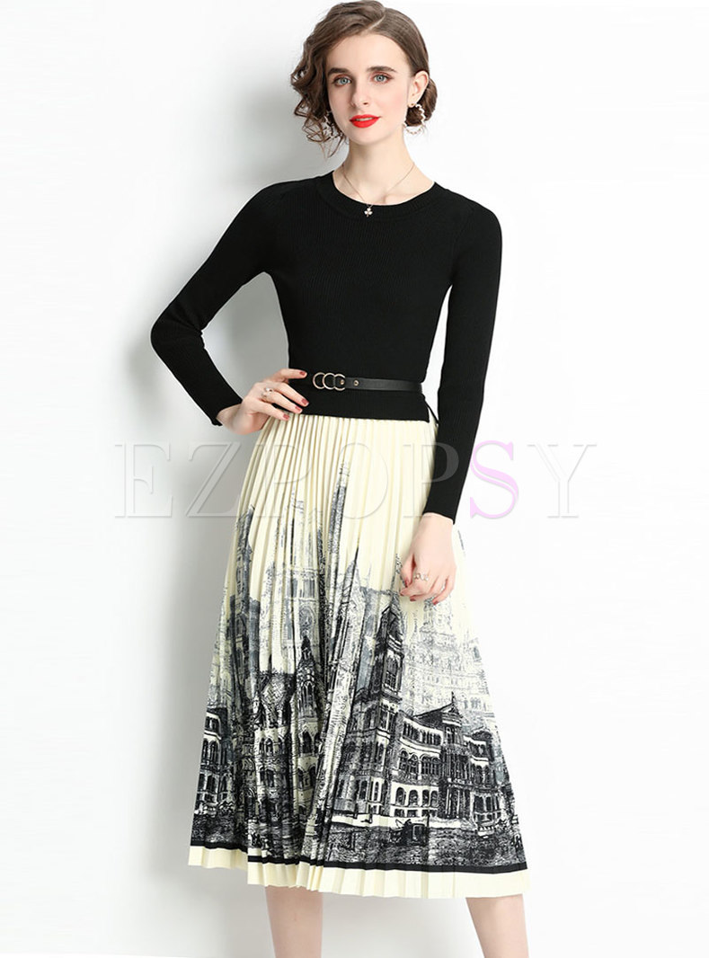 Long Sleeve Sweater Patchwork Print Pleated Dress