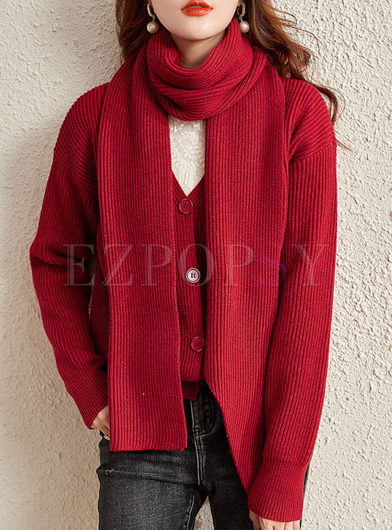 V-neck Red Knitted Cardigan With Scarf