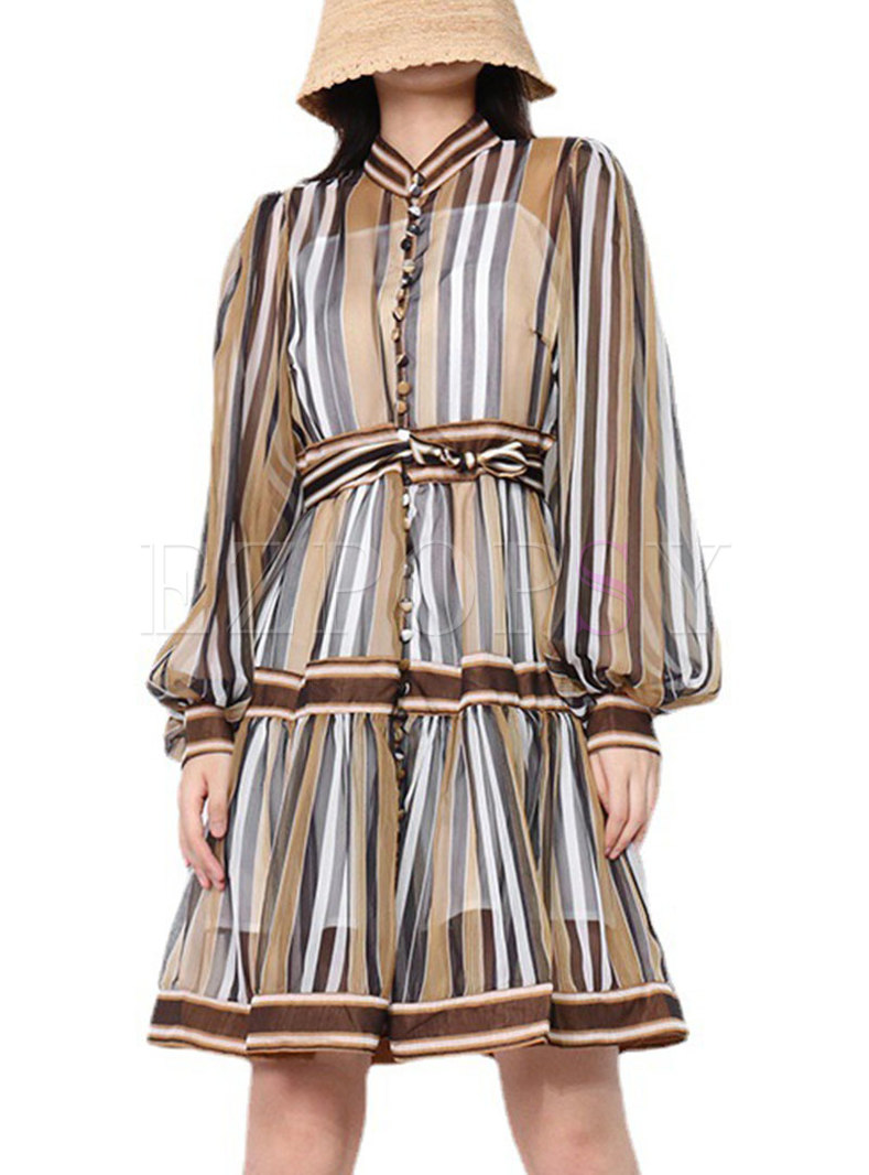 Lantern Sleeve Striped Single-breasted Short Dress