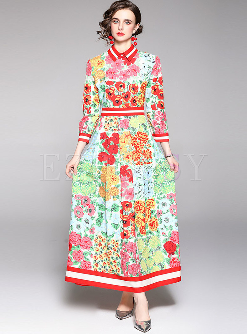 Floral Long Sleeve Big Hem Party Maxi Dress