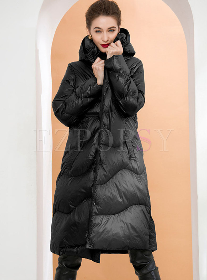 Outwear | Down Coats | Hooded Drawstring Shiny A Line Down Coat