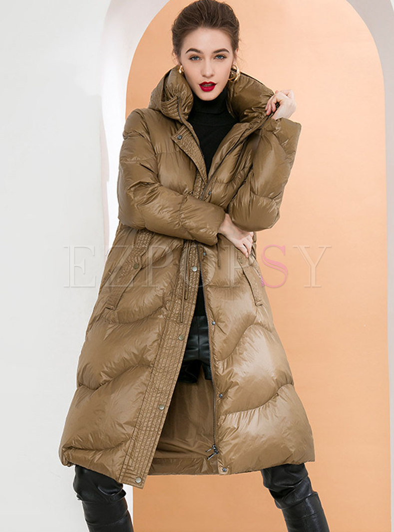 Outwear | Down Coats | Hooded Drawstring Shiny A Line Down Coat