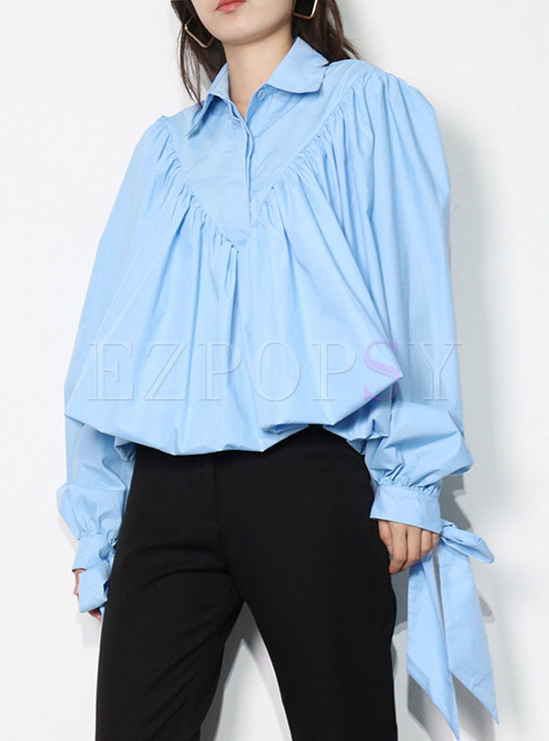 Long Sleeve Bowknot Tied Pullover Blouse