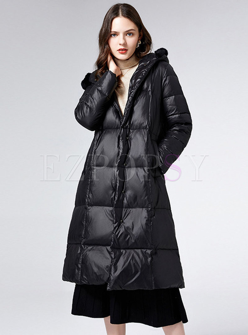 Hooded Fur Collar Solid Shiny Down Coat