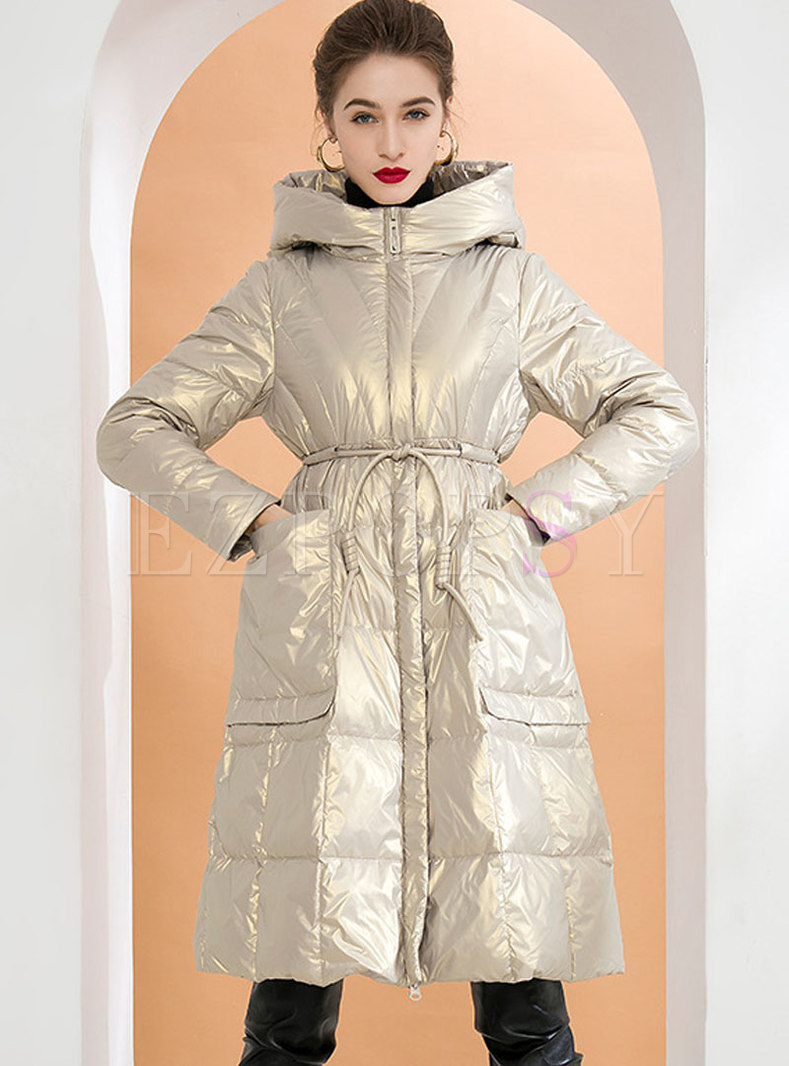 Hooded Drawcord Midi Shiny Puffer Coat
