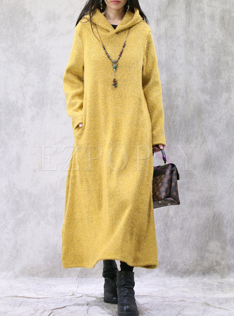 Casual Hooded Long Sleeve Straight Sweater Dress