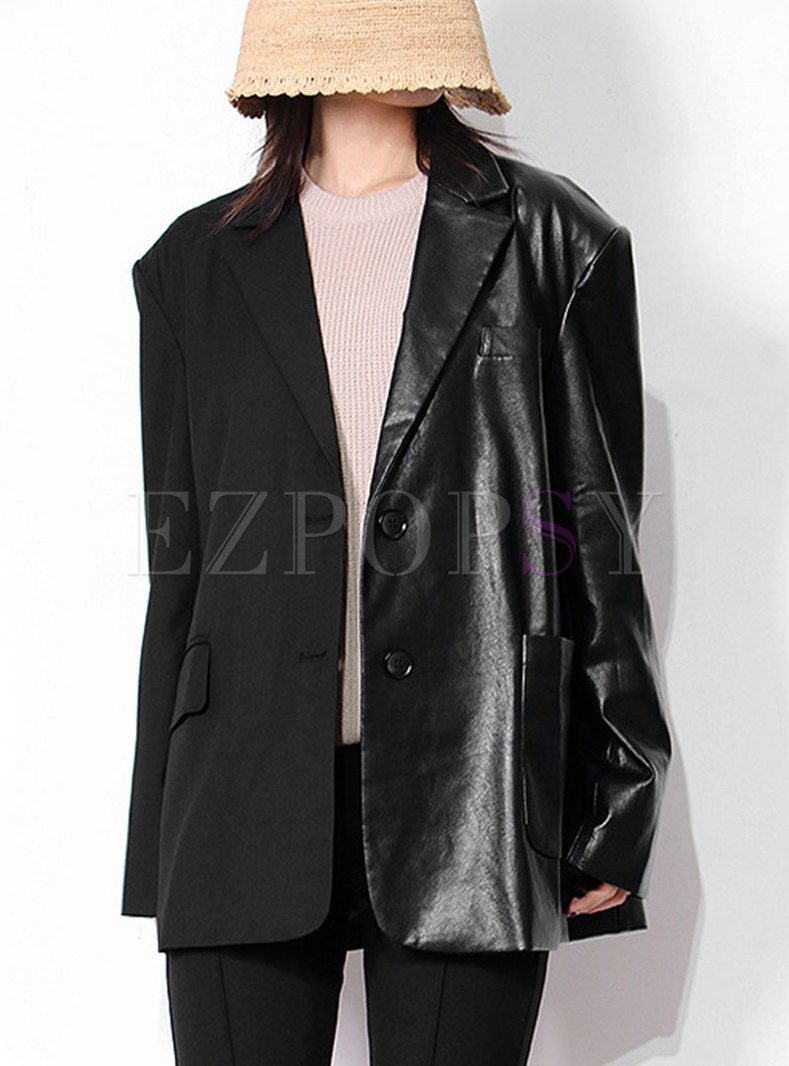 Casual Flap Pockets Leather Patchwork Straight Blazer