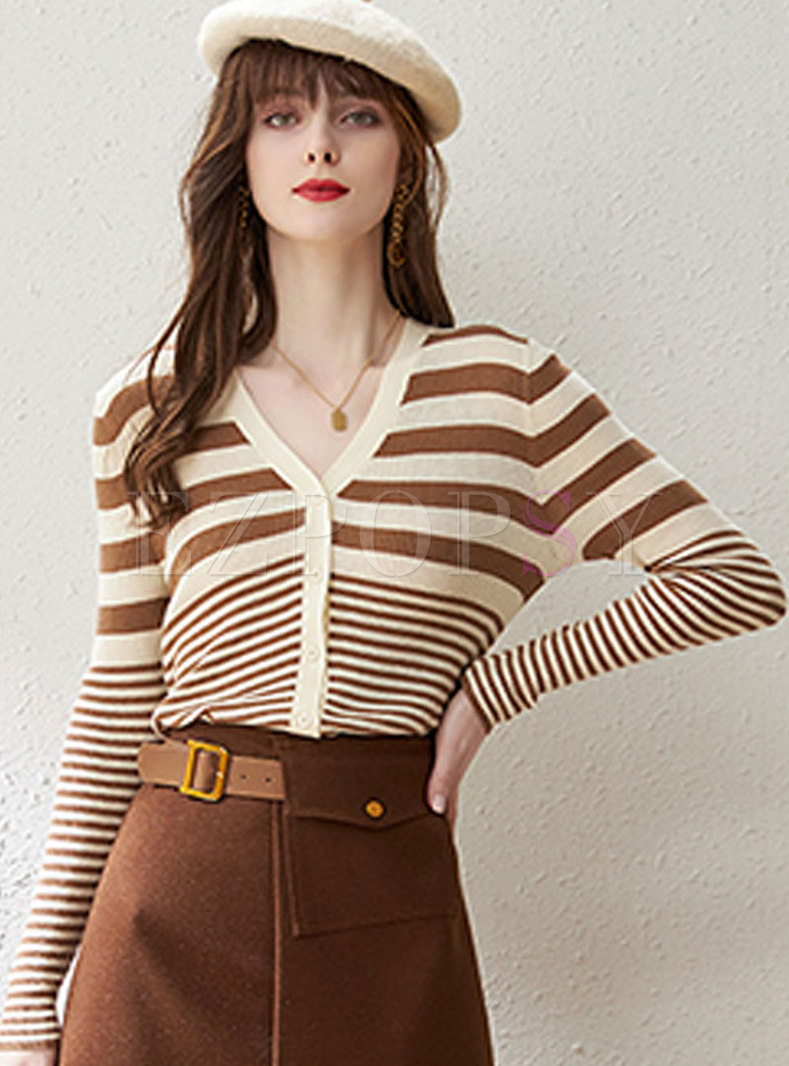 V-neck Color Blocked Striped Cardigan