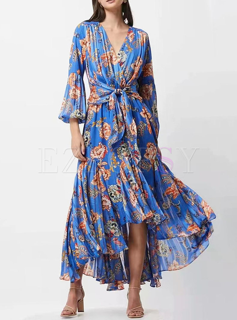 V-neck Long Sleeve Chiffon Print Boho Maxi Dress