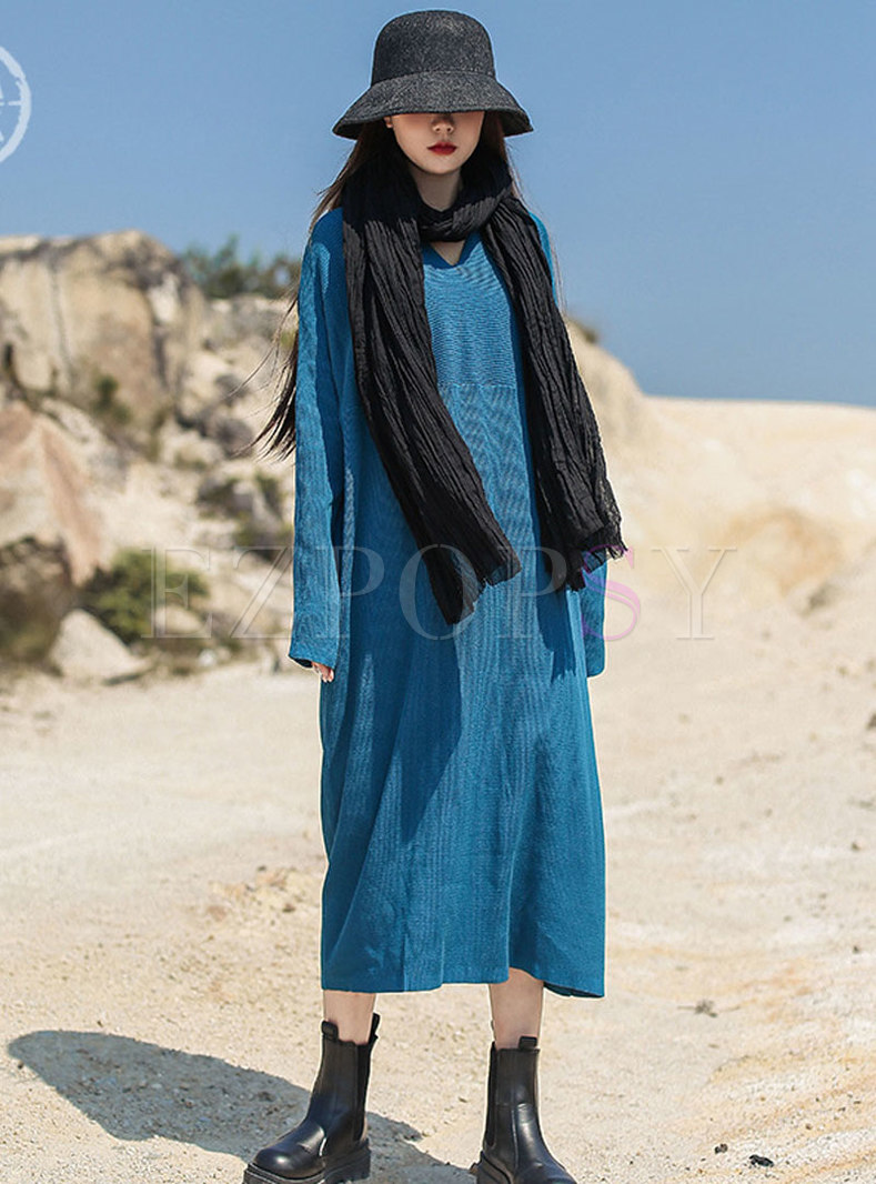 V-neck Loose Straight Long Knitted Dress