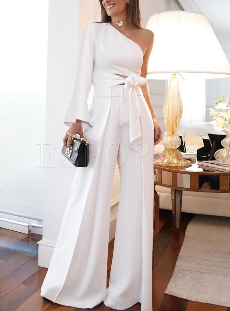 One Shoulder Cropped Blouse & High Waisted Flare Pants