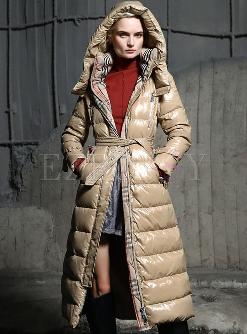 Hooded Plaid Patchwork Shiny Long A Line Down Coat