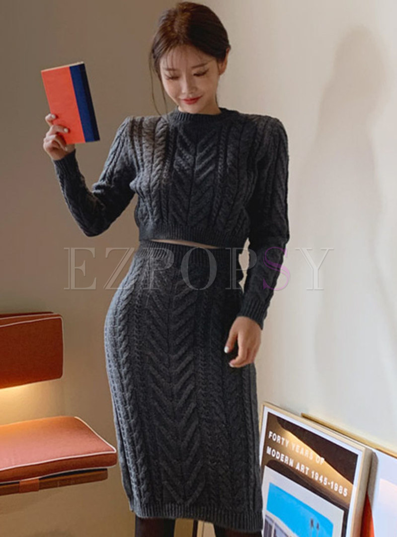 Long Sleeve Cable-knit Sheath Sweater Skirt Suits