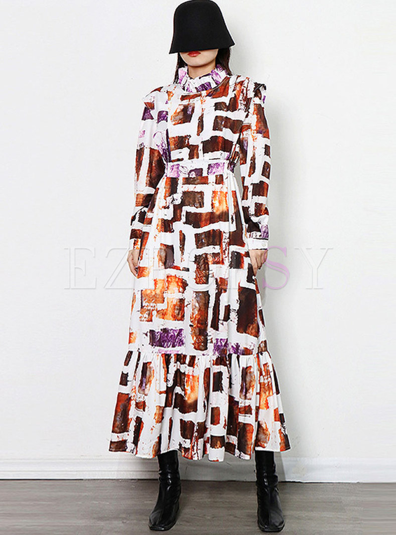 Lettuce Trim Geometric Pattern Boho Maxi Dress