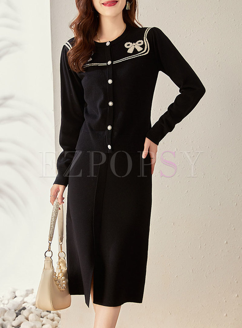 Crew Neck Bowknot Beaded Slim Sweater Skirt Suits