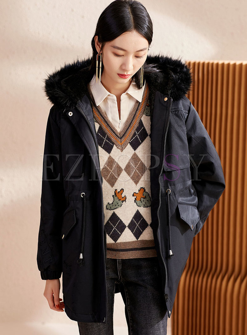Hooded Letter Embroidered Drawstring Coat