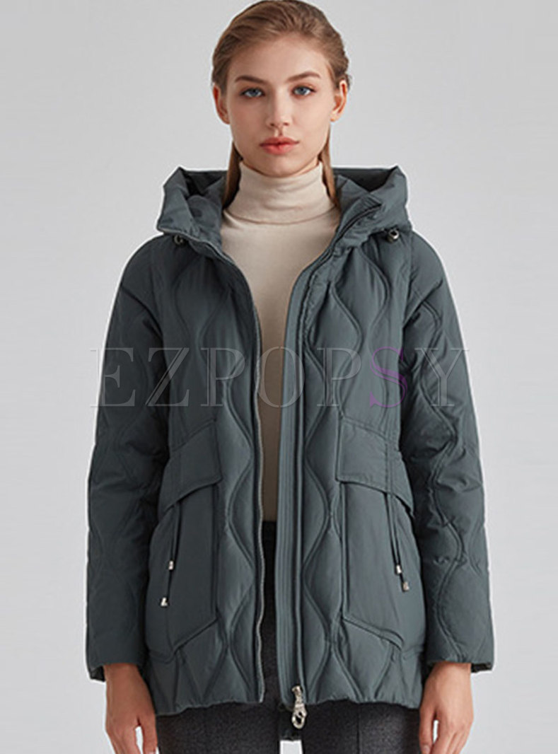 Solid Hooded Zip Up Down Jacket