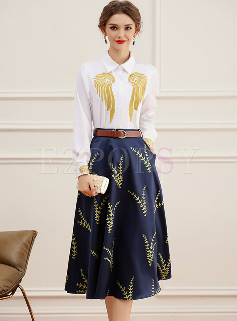 Long Sleeve Embroidered High Waisted Maxi Skirt Suits