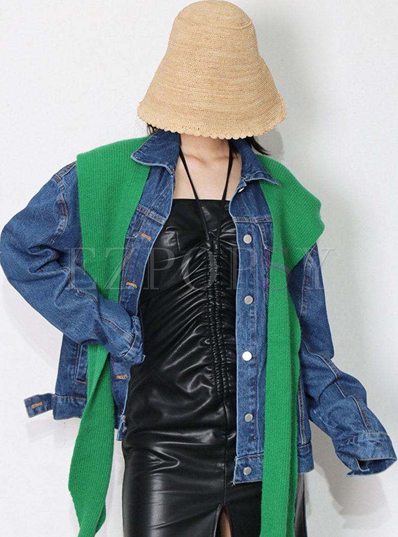 Removable Hooded Scarf Straight Denim Jacket