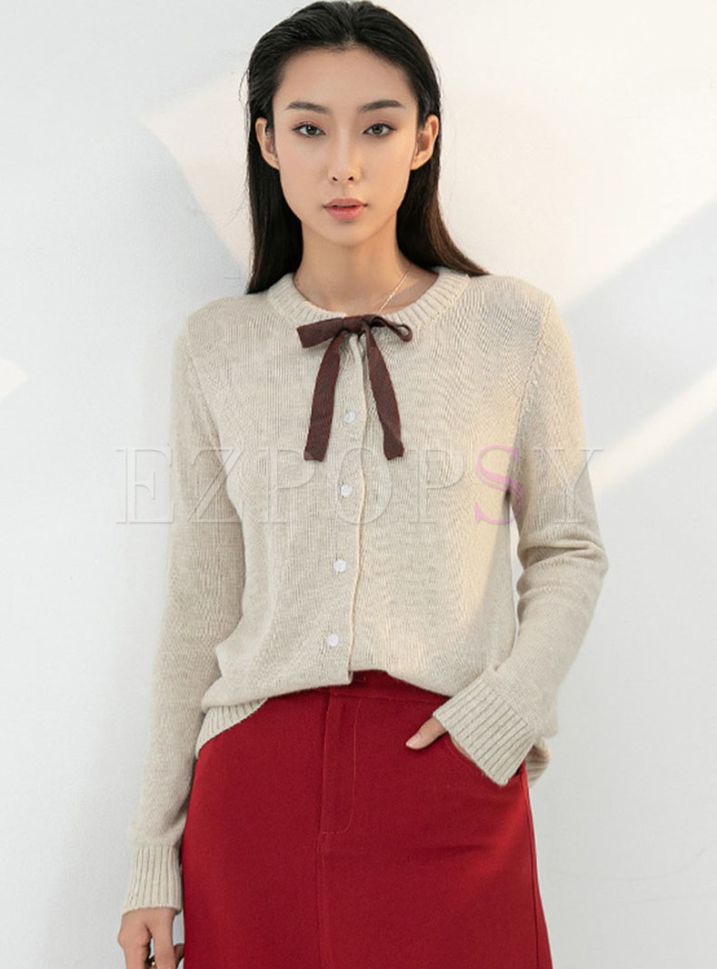 Crew Neck Bowknot Single-breasted Knit Cardigan
