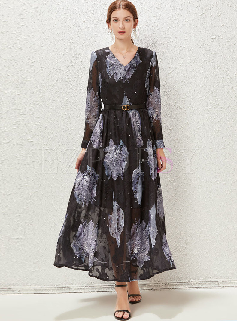 V-neck Print Chiffon Long Sleeve Maxi Dress