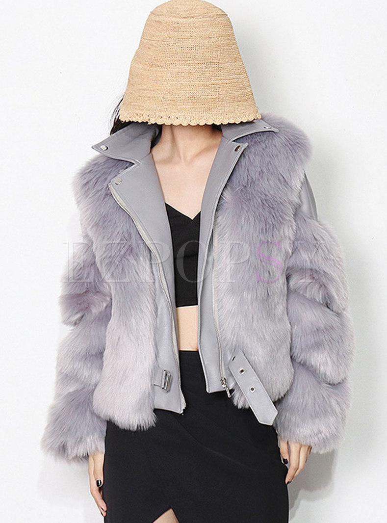 Turn-down Collar Leather Patchwork Faux Fur Coat