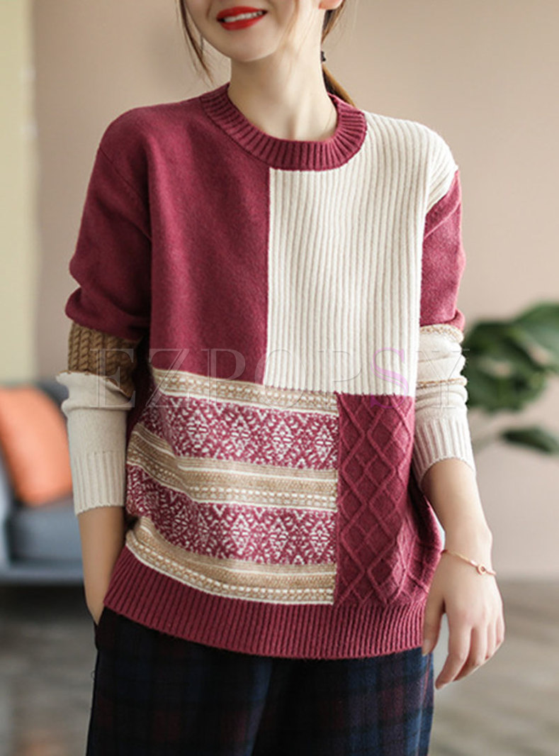 Color-blocked Crew Neck Pullover Sweater