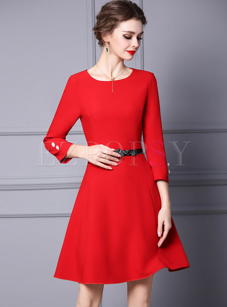Red Long Sleeve Belted Short Cocktail Dress