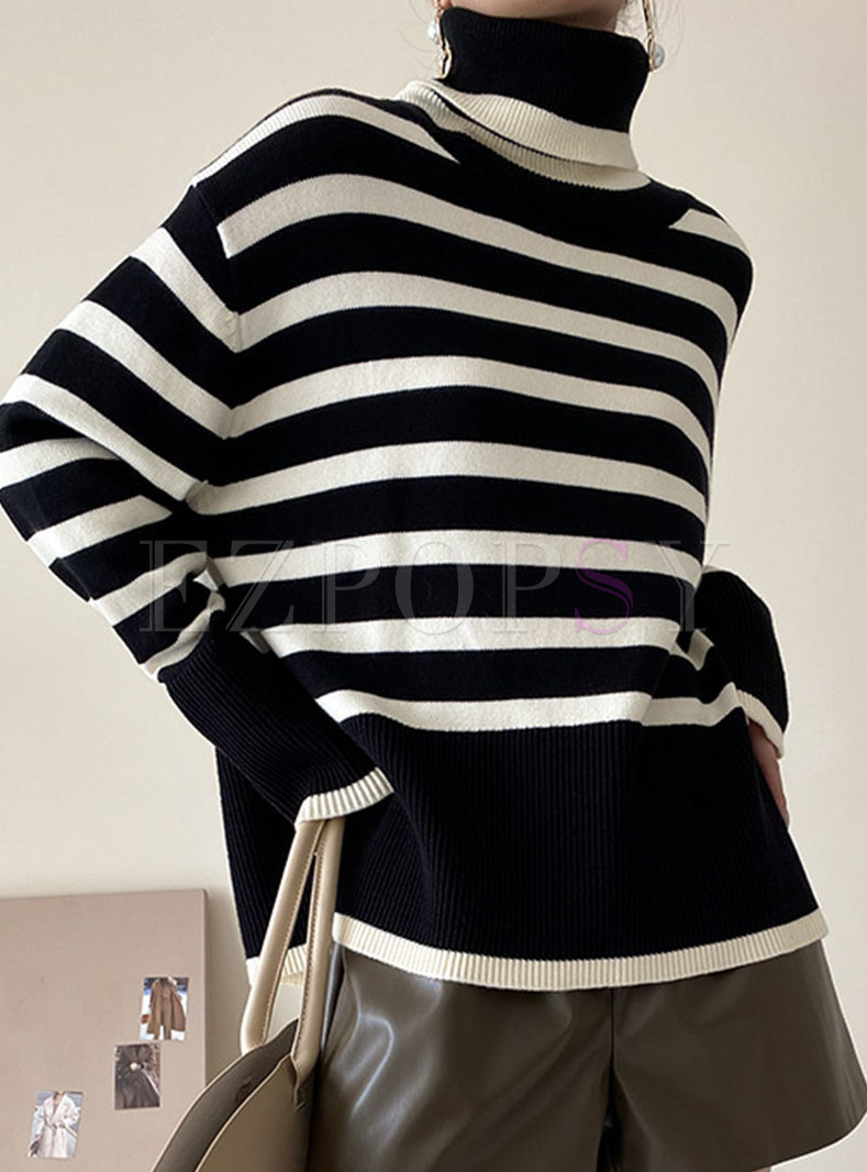 Turtleneck Long Sleeve Striped Loose Sweater