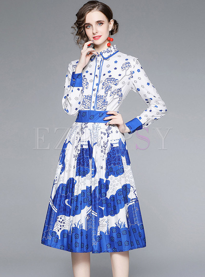 Long Sleeve Floral A Line Pleated Dress