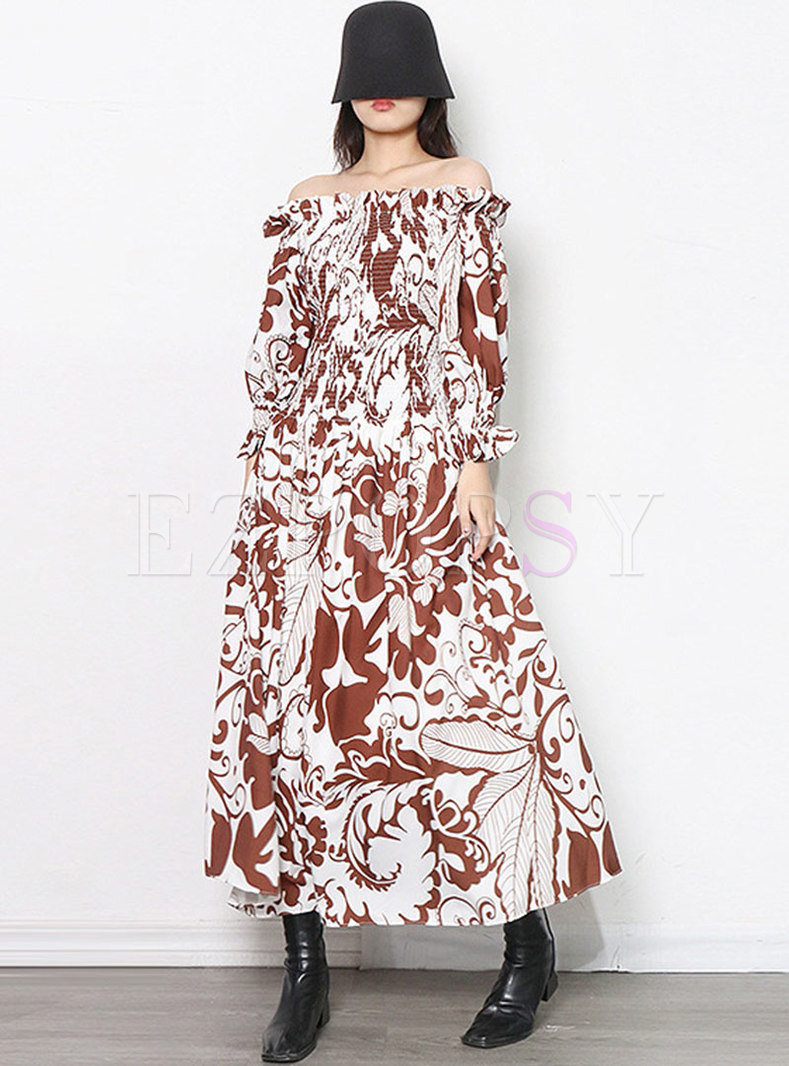 Off-the-shoulder Long Sleeve Print Boho Maxi Dress