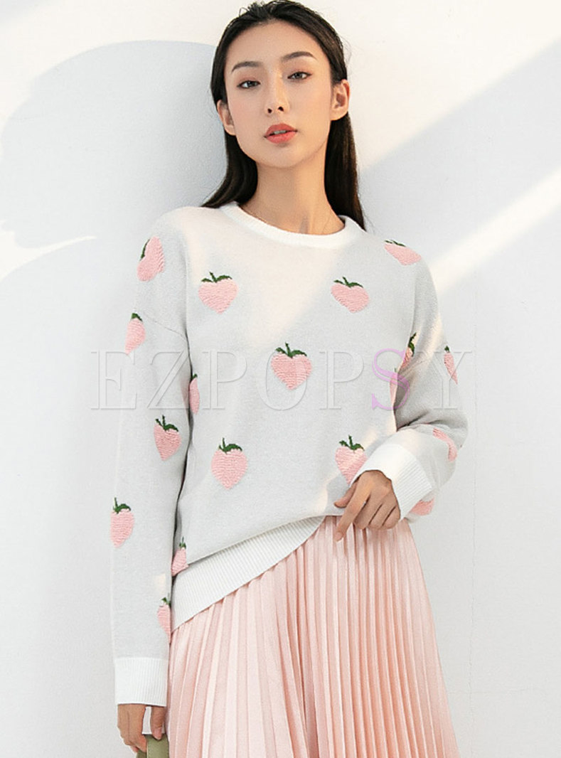Sweet Strawberry Jacquard Pullover Sweater