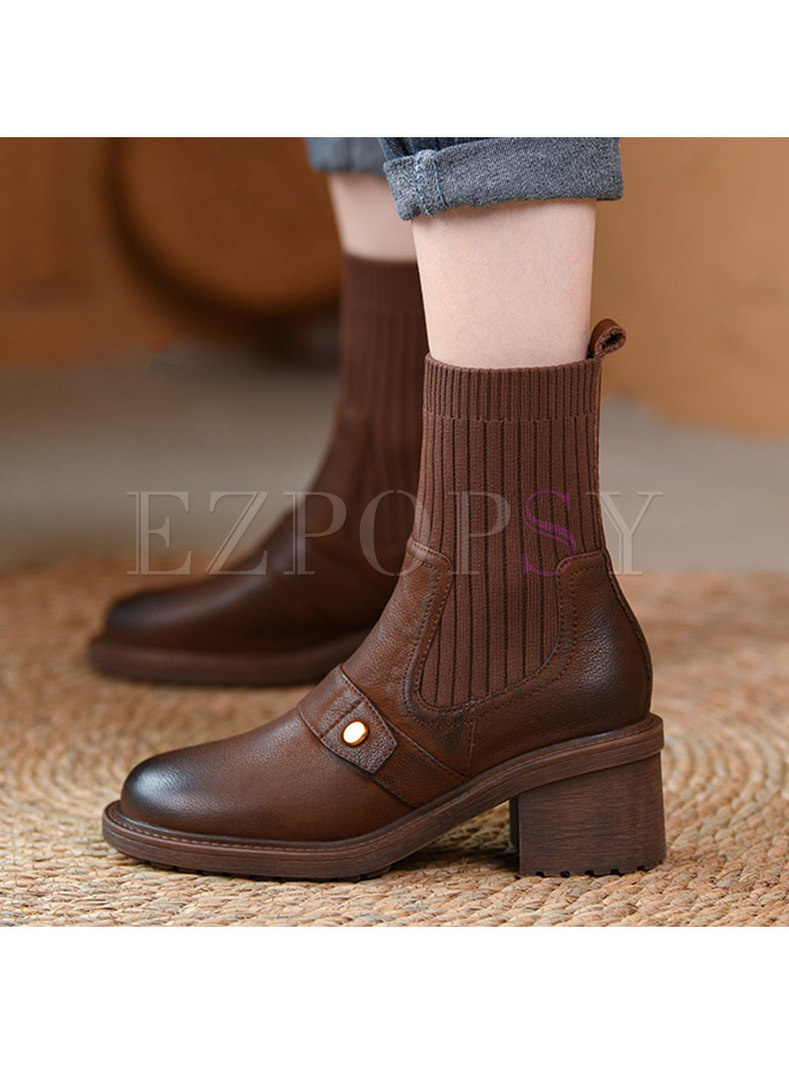 Knitted Patchwork Cowhide Chunky Heel Winter Boots