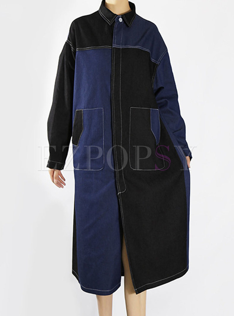 Casual Denim Patchwork Shift Long Trench Coat