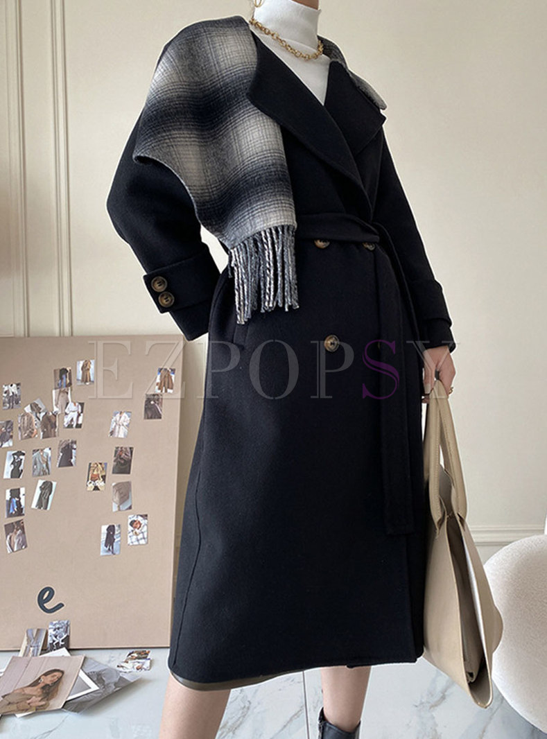 Plaid Fringe Patchwork Double-breasted Long Wool Peacoat