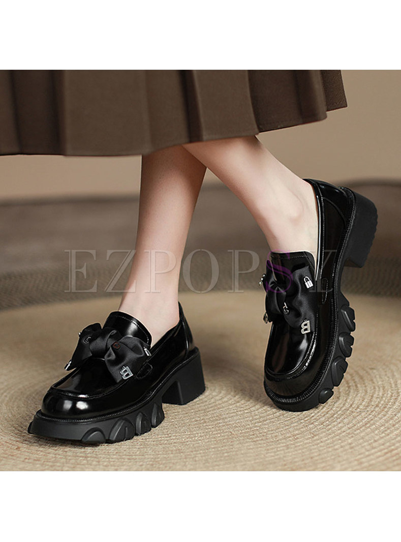 Bowknot Patent Leather Block Heel Loafers
