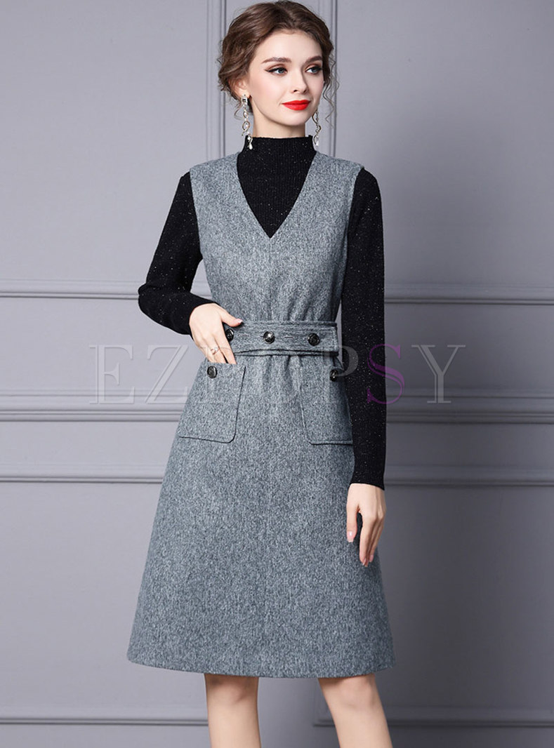 Long Sleeve Pullover Sweater & High Waisted A Line Dress