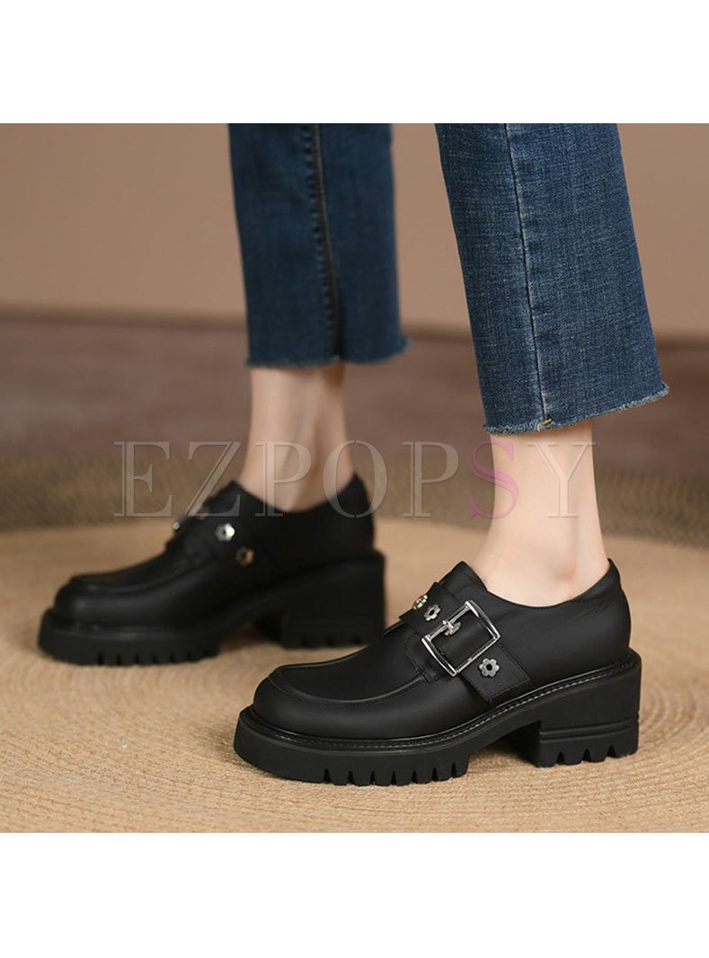 Rounded Toe Block Heel Leather Buckle Loafers