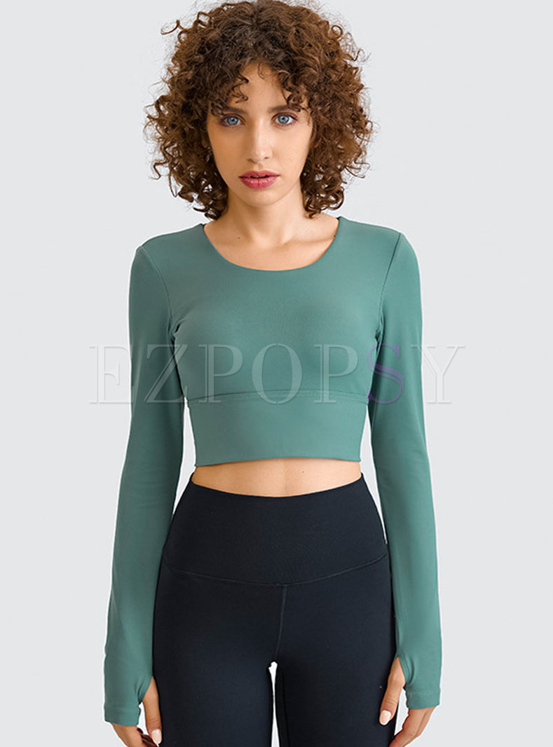Scoop Neck Long Sleeve Backless Cropped Tops