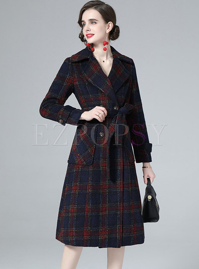 Long Sleeve Double-breasted Plaid Long Peacoat